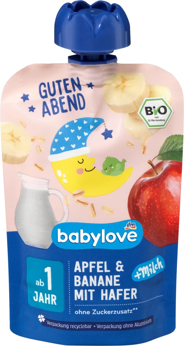 Babylove Quetschie Guten Abend γάλα μήλου-μπανάνας-βρώμης 100 γρ.