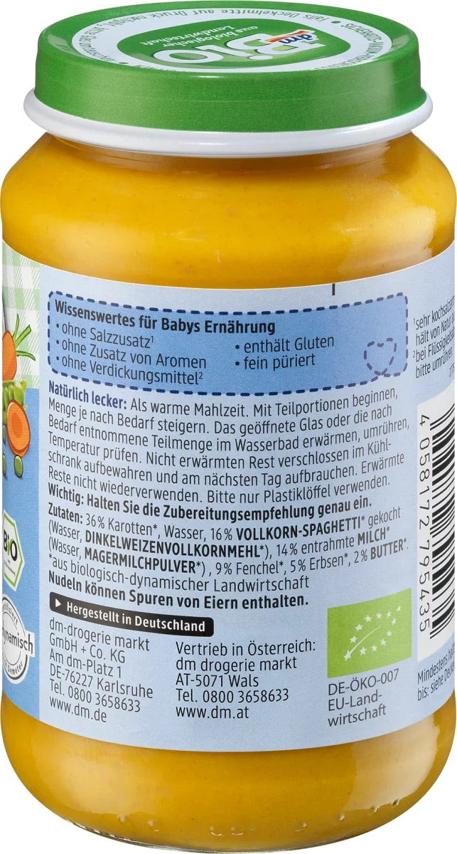 dmBio Μενού με λαχανικά, ζυμαρικά ολικής αλέσεως από 5 μηνών, 190 γρ