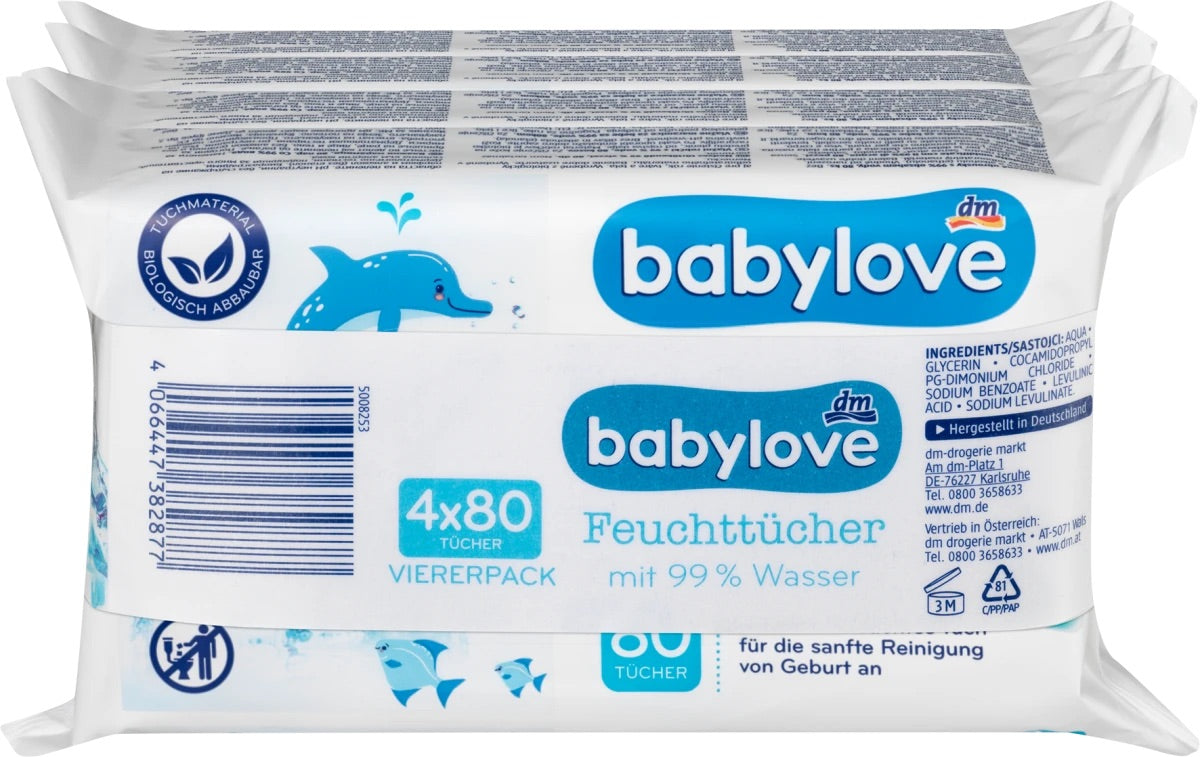 Babylove Υγρά μαντηλάκια με 99% νερό (4x80 τεμάχια), 320 τεμάχια