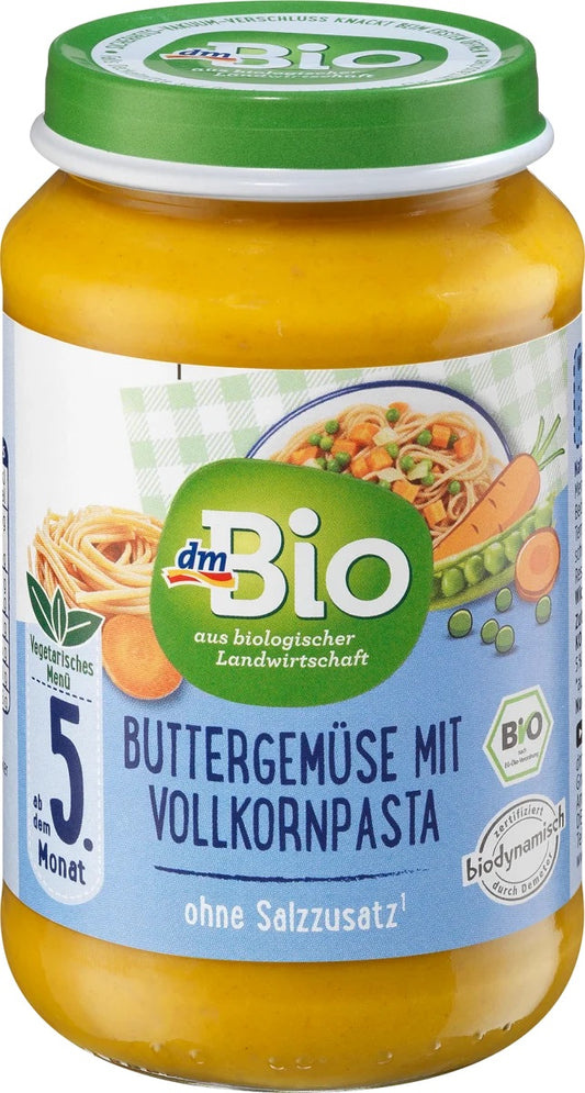 dmBio Μενού με λαχανικά, ζυμαρικά ολικής αλέσεως από 5 μηνών, 190 γρ